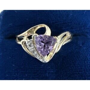10k Gold Diamond Amethyst Ring Trillium Cut Sz 9.25